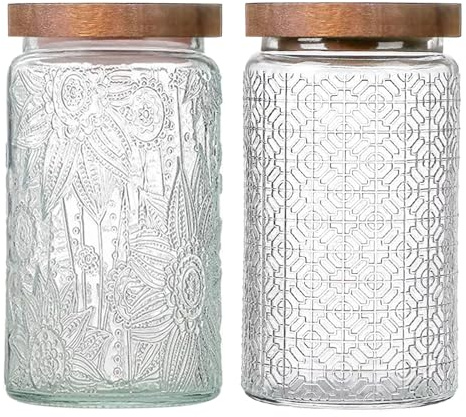 yoqelt Vintage Glass Jars with Wooden Lids, 2 Pack 34 oz Airtight Glass Food Storage Containers Sets for the Kitchen, Sugar Coffee Candy Spice Cookie Tea Pasta