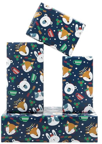 Julomslagspapper för barn pojkar flickor, rådjur katt kanin isbjörn jul djur presentförpackning 4 ark vikta platt 50 x 70 cm per ark julpapper för nyår jul vinter semester