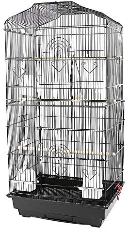 Cage Volière pour Oiseaux, Perroquets, Inséparables, Perruches et Volatiles - Toit Ouvrant et Mangeoires en Bois - 46 * 36 * 92cm (Noir)