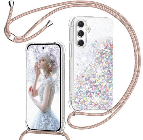 TUUTPU Handyband für Samsung Galaxy S24 FE Hülle mit Band, Glitzer Treibsand Handyhülle mit Kordel zum Umhängen Transparent Stoßfest Schutzhülle mit Kette Schnur, Quicksand Necklace Case in Roségold
