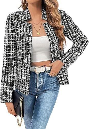 Giacca blazer da donna in tweed scozzese autunnale, con colletto a intaglio aperto sul davanti, elegante cappotto blazer in tweed