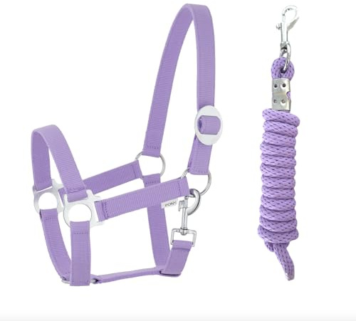 JA4001 Halfter Führstrick Set mit Karabinerhaken verstellbar Pferdehalfter Pferd Holzpferd Anbindestrick (Karabinerhaken Lavender, Mini Shetty)