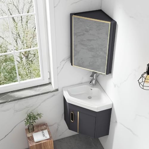 Aiupuyer Lavandino angolare, lavabo da Bagno, mobiletto Indipendente da Parete, in Ceramica, mobiletto da Bagno con Rubinetto e Scarico (43 cm/16,9 Pollici)