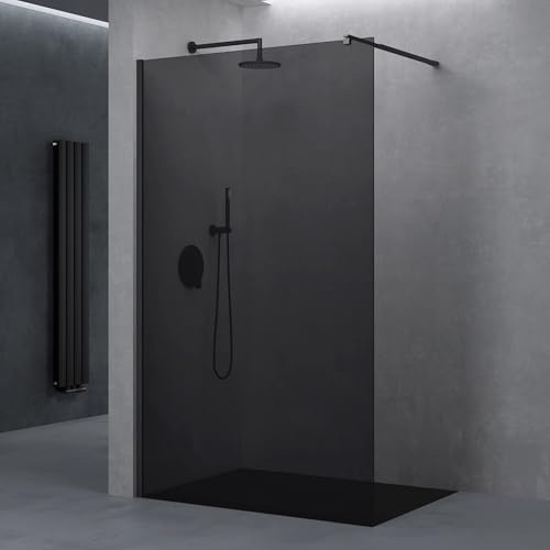 doporro Walk-In Duschwand 140x200 cm Duschabtrennung 8mm ESG Vollgrau | Duschwand mit Nanobeschichtung | rechteckiger Stabilisator aus Edelstahl | Aluminiumrahmen in Schwarz | Bremen01VG