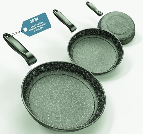 Kiseely Set di padelle antiaderenti, padella in ghisa da 26 cm + 28 cm + 30 cm, set da 3 pezzi per cucinare, padelle professionali antiaderenti con manico resistente al freddo (ET1)