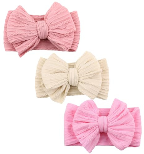3-pack babyhårband, mjuka hårband med rosetter för nyfödda flickor (Mörkrosa, Beige, Mellanrosa)