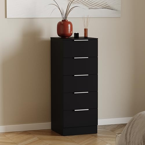 Vida Designs Trega 5 Drawer Narrow Chest of Drawers Black - Slim Space-Saving Bedroom Storage Unit - 90Hx34.5Wx36Dcm - Anti-Bowing Support, Silver Handles, Glide Runners - For Small Rooms & Nursery