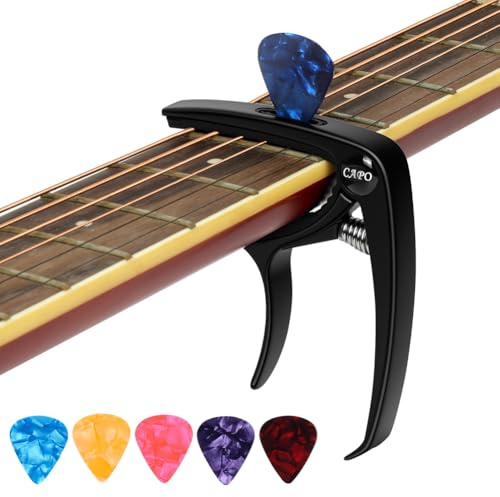 Aomig kapodaster för gitarrer stämapparat gitarr gitarrtillbehör gitarr capo med 6 plektrum universell clip-on stämapparat exakt tuner för alla instrument gitarr ukulele gitarrtillbehör svart