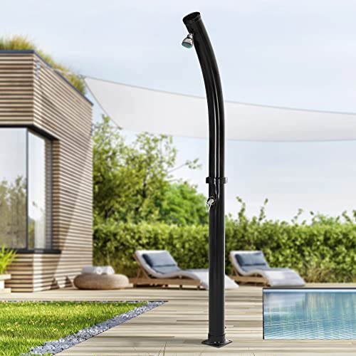 ML-Design Ducha Solar de Jardín Negro Curvado 20L 222cm Agua Caliente hasta 60°C sin Electricidad Conexión para Manguera Moderno Elegante Cabezal Ducha de Lluvia Ajustable y Grifo Piscina Camping