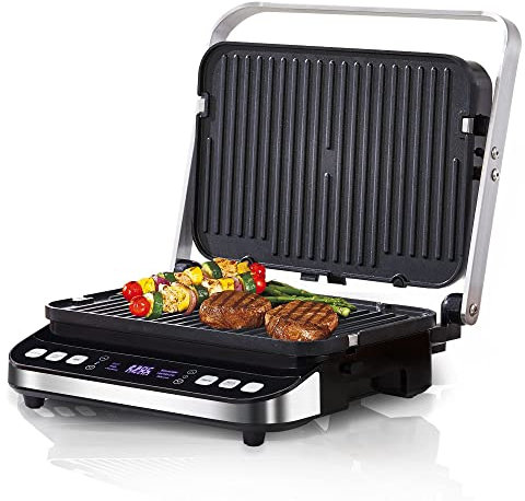 Kontaktgrill,Sandwichmaker,Waffeleisen 180° Doppelseitiger Optigrill Indoor Elektro Grill|6automatische Programme|Intuitiver Sensor|Touch Display,2000 W,Grill mit 4 abnehmbaren Platten (BCG02D)