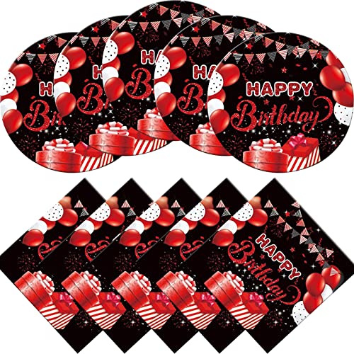 Fenghu Red and Black Birthday Party Tableware Supplies Set, 20 Plates, 20 Napkins, Birthday Party Decorations