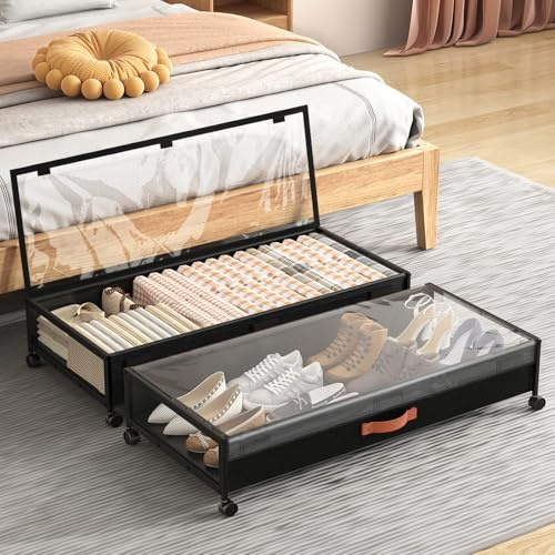 Under Bed Storage Containers with Wheels Large Underbed Shoes Blankets Clothes Toy Storage Drawers for College Dorms Bedrooms Nursery Rooms Organization (Black 2 Pack, 7.5in height(36x16.6x7.48))