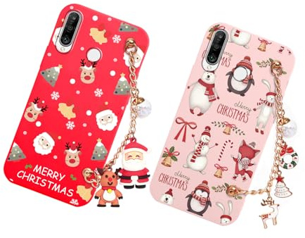 Vauki Weihnachten Hülle für Huawei P30 Lite/Nova 4e mit Handykette 2 Stück,Rot Weich Silikon Stoßfest Case mit Band und Muster Süß,Christmas Geschenke für Frauen Schutzhülle,Hirsch Weihnachtsmann