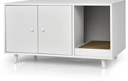 GYMAX 2 in 1 Katzenschrank für Katzentoilette, Katzenhaus mit 2 Türen & Katzenkratzbrett, Katzenklo Schrank, Beistelltisch 90 x 50 x 50 cm (Weiß)