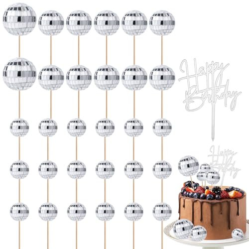 31pcs Disco Ball Cupcake Toppers with Acrylic Happy Birthday Sign, Silver Multiple Sizes Disco Ball Cake Picks Disco Theme Cake Toppers Decorations for 70s Disco Party Favor, with Sticks