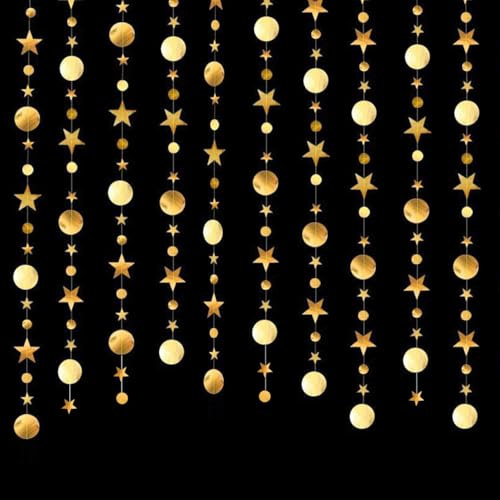 52 Ft Gold Glitzer Papier Circle und Stern Garland,4 Stücke Hängende Runde und Stern Garland für Geburtstag Hochzeit Weihnachten Party Deko