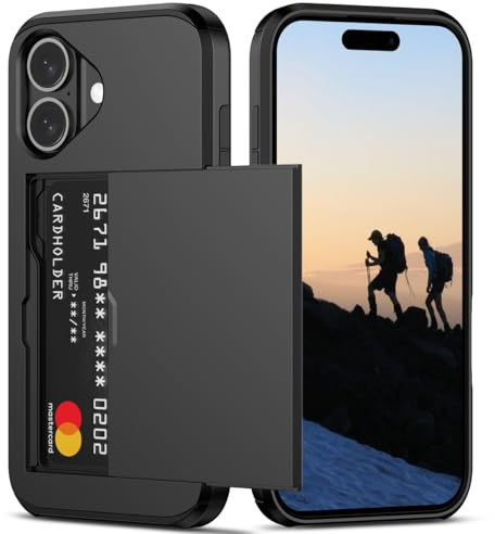 Nvollnoe Compatible with iPhone 16 Case with Card Holder Heavy Duty Protective Dual Layer Shockproof Hidden Card Slot Slim Wallet Phone Cover for iPhone 16 for Women&Men 6.1 inch(Black)