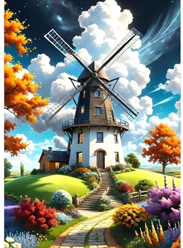 QINRUBB DIY Windmühlen Diamond Painting Erwachsene, 5D Park Diamant Painting Bilder Anfänger, Blumen Runder Vollbohrer Diamanten Malerei Stickerei Kreuzstich Geschenke Home Wand Dekor 30x40cm