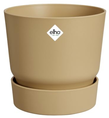 Elho Greenville Round 18cm Vasi per Piante - Sabbia Dorata | ∅ 18.3 x A 17.4 cm | Sottovaso integrato | Adatto per uso interno ed esterno | Plastica riciclata al 100%