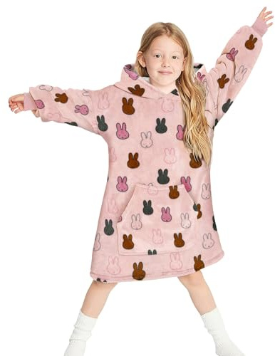 Gifts Treat Sweat à capuche surdimensionné pour enfants, filles, garçons, sherpa, couverture en peluche, doux, chaud, douillet pour enfants, adolescents, étudiants, géant, chaud, Lapin et rose, 5-7