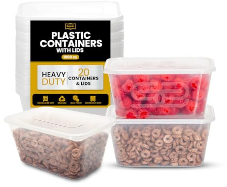 Superior Rectangular Takeaway Containers with Lids Set, 1000ml Pack of 20 | Durable crack resistant food boxes | Microwave safe | Leak proof tubs perfect for meal prep, batch cooking and home storage