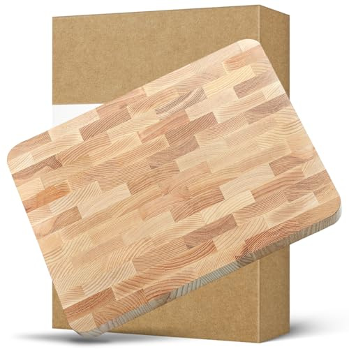 HEZHEN Schneidebrett, Eschenholz Hirnholz Hackbretter, Eingebauter Griff Platz für Auffangschale, Servierbrett Multifunktionale Servierplatte