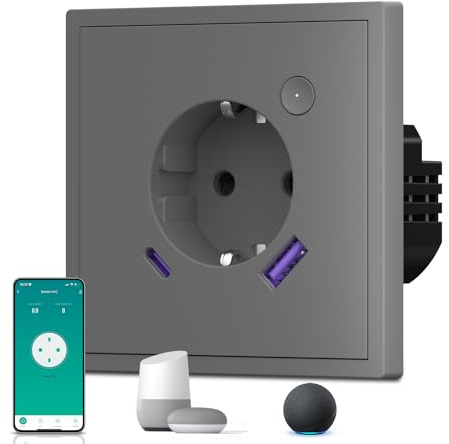 BSEED Wlan Steckdose mit USB C Matt, 20W Schnelladen Smart Steckdose Unterputz, mit Strommessung, S-Serie, 1 Fach, 86mm Grau