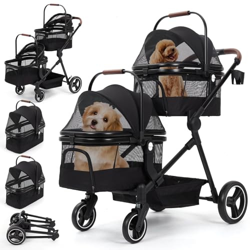 JOLLYTOP Klappbarer Doppelstock-Hundebuggy, Hundewagen bis 22 kg mit Mesh-Fenstern & Getränkehalter, Leichter Haustierwagen für Zwei Kleine Hunde oder Katzen, für Reisen und Spaziergänge