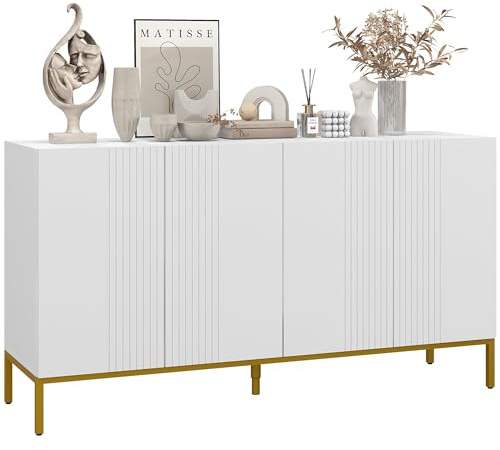 HOMCOM Buffet Meuble de Rangement Contemporain 2 Placards Porte Blanc Doré