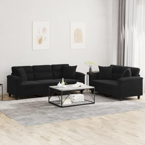 Qnhdfrt 2-TLG. Sofagarnitur Schwarz Mikrofasergewebe mit Kissen Zweisitzer und Dreisitzer Sofa Couch Set für Wohnzimmer Lounge Bequem Modernes Design Robust