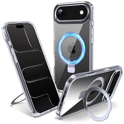Flyzoo Magnetic Kickstand Case for iPhone Air, [Compatible with MagSafe & Invisible Ring Stand Holder] [Non-Yellowing & Shockproof] Clear Transparent Hard Silicone Edge Cover, 6.5'', Clear