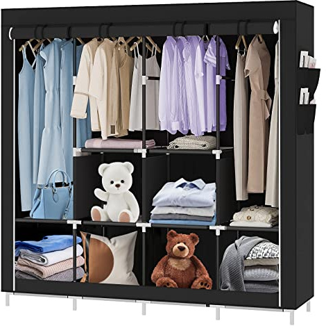 homewell Armoire de Rangement en Tissu, Armoire de Chambre, Penderie avec Housse, pour Chambre, Dressing, Rangement pour Vêtements, Étanche, 167 * 45 * 170cm (Noir)