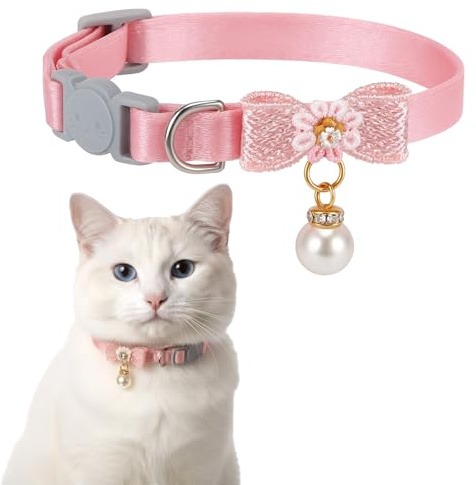 LXUEJIE Collar de Gato Breakaway, Collar de Gato Rosa Ajustable con Colgante de Perla, Bonitos Collares de Gato con Hebilla de Seguridad, Collares de Gatito Rosa para niñas y Gatos