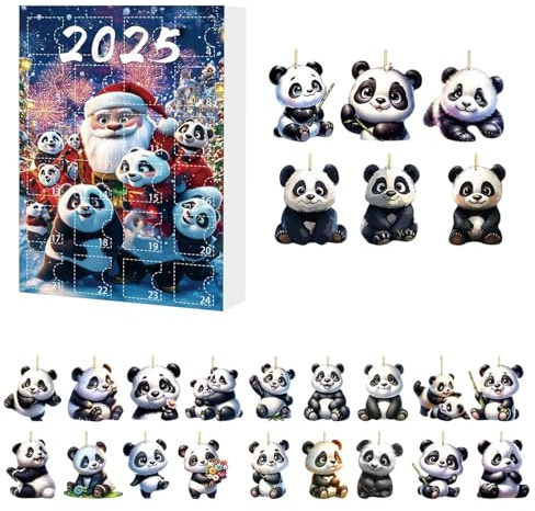 GkgWuxf Panda - Calendario de cuenta regresiva de Adviento de Navidad, 24 días, lindo de panda 2025, colgante acrílico 2D de animales para mochila, árbol de Navidad, pared, puerta, coche