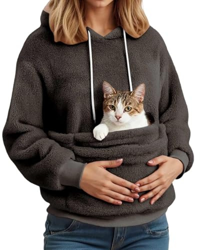 Sudadera con capucha para mujer con bolsillo para mascotas Gato Perro Forro polar Suéter acogedor de felpa con bolsillo para mujer, gris oscuro, M