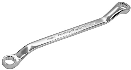 YXQ 45-Degree Offset Box End Wrench 14mm x 15mm Metric 12 Point Polished Finish Cr-V Steel Double Ring Wrench for Automotive Home Repair Tool