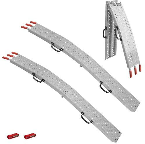 XMTECH 2 x vikbar uppkörningsramp 195 cm aluminium, lastramper, 400 kg par, vikbar och halkfri med rött säkerhetsbälte – motorcykel, ATV, rullstol, lastrampa
