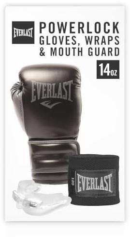 Everlast Powerlock Boxfit Kit (14oz Everlast Boxhandschuhe, Boxbandagen & Doppel-Zahnschutz) Gold/Schwarz | Boxhandschuhe 14oz mit Klettverschluss & Quad-Lagen-Schaum für Training und Sparring