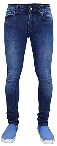 True Face Mens Jeans Skinny Denim Pants Stretch Fit Trouser Zip Fly Elasticated Cotton Bottoms Casual Wear 5 Pockets TF021 30R (30WX32, TF021 - Dark Mid Wash)