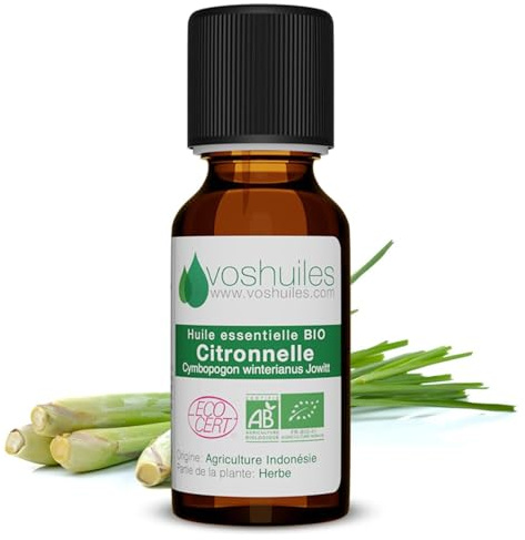 VOSHUILES - Huile Essentielle Citronnelle - Grand Format - Parfum Citronné et Boisé - 100% Pure, Naturelle et Chémotypée - Format Familial - 60ml