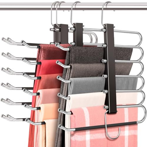 ZriEy 4 Pack 6-Tier platzsparende Hosenbügel, Anti-Rutsch, leicht, Edelstahl, schwarz, 6 Paare Jeansbügel