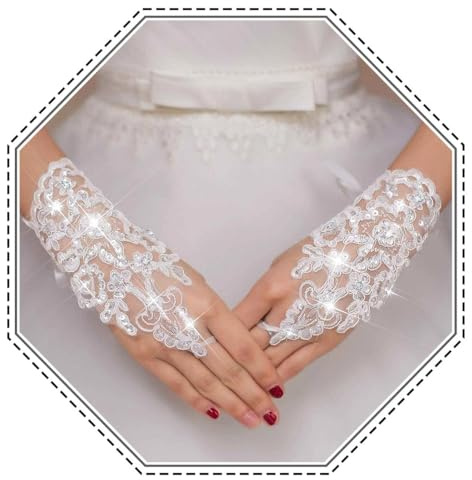 Latious Bride Wedding Short Lace Gloves White Fingerless Rhinestone Gloves Bridal Gloves Accessories for Women