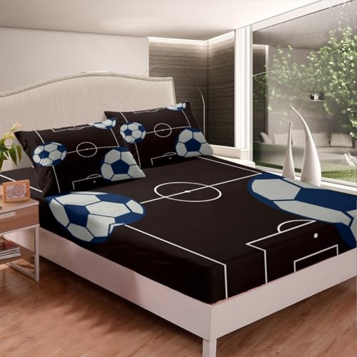 Football Fitted Sheet Twin Size Kids Football Court Bedding Set for Boys Girls Teens Soccer Ball Pattern Bed Sheet Set Breathable Sports Theme Black Bed Cover Deep Pocket Room Decor