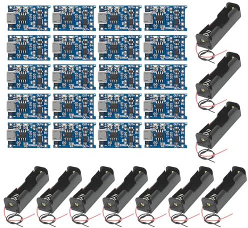 GTIWUNG 20 Pezzi Micro USB 5V 1A 18650 Lithium Battery Charger Module + 10 Pezzi Porta Batterie 18650, 1×3.7V 18650 Custodia per Batterie in Plastica con 1 Slot, 18650 Battery Clip Holder Case