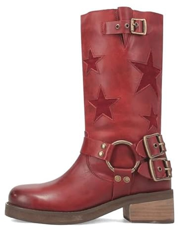 KISTANIA Women's Red Knee High Riding Boots Square Toe Mid-Calf Chunky Block Heel Pull-On Leather Red Cowgirl Boots with Stars Fashion Buckle Strap Motocycle Biker Booties Size 9