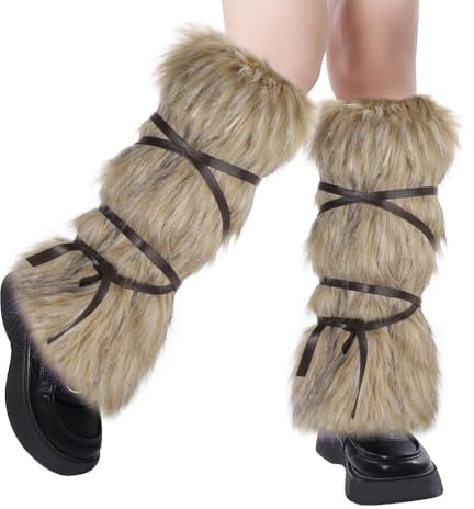 XGOPTS Medeltida fuskpäls benvärmare, kvinnor viking fuskpäls benvärmare fluffiga benomslag stövlar skydd med rem varma lurviga benstrumpor kostym tillbehör för halloween karneval cosplay jul, Brun,