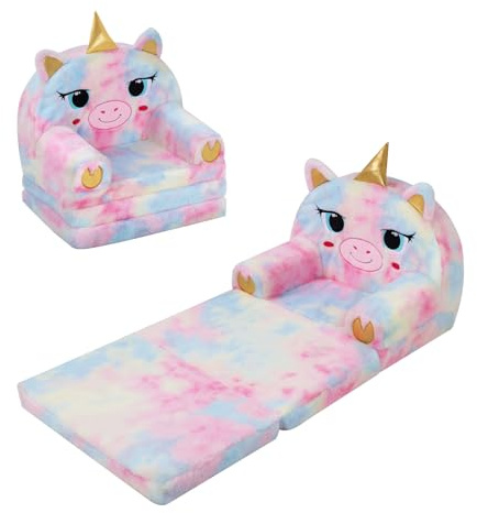 decalsweet Sofá Plegable de Felpa para Niños con Respaldo Sillón 2 en 1, Cómoda Ligero Estable Sillón Infantil con Cremallera, Sofá Cama para Bebé para Dormitorio Sala de Juegos, Mini Sofa (Unicornio)