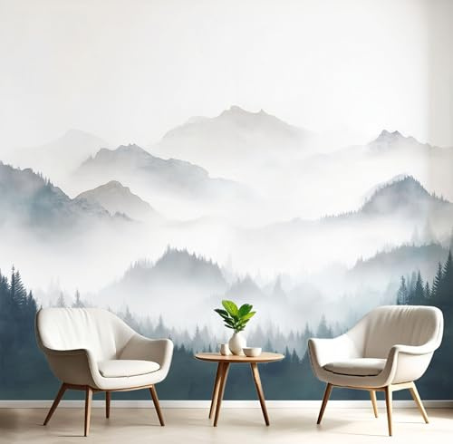 JEDTAKCT Papel Pintado Pared Panorámico Montañas Brumosas Seda, 400X280Cm, Paisaje De Tinta Gris Carbón, Póster Gigante De Pared Personalizado 3D Para Salón Dormitorio Fotomurales Decoración