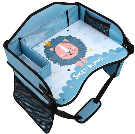 LEKEFETO Autositz Tablett für Kinder Reisen, Faltbares Reisetisch Auto Kinder, Wasserdicht Kinder Reise Tablett, Multifunktion Unterhaltungstablett, Tragbar Auto Kind Tisch - 43,5 x 33 x 16 cm, Blau
