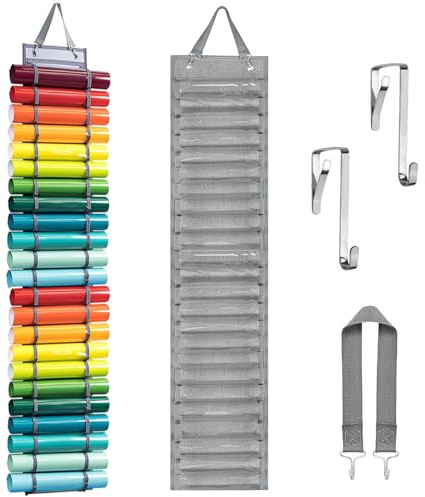 Zyiphor Portarrollos de Vinilo Estante de Almacenamiento de Vinilo Organizador Rollos Vinilo con 24 Compartimentos Soporte Pared Ganchos Correa para Papel Regalo Dibujos Diseño Almacenamiento (Gris)
